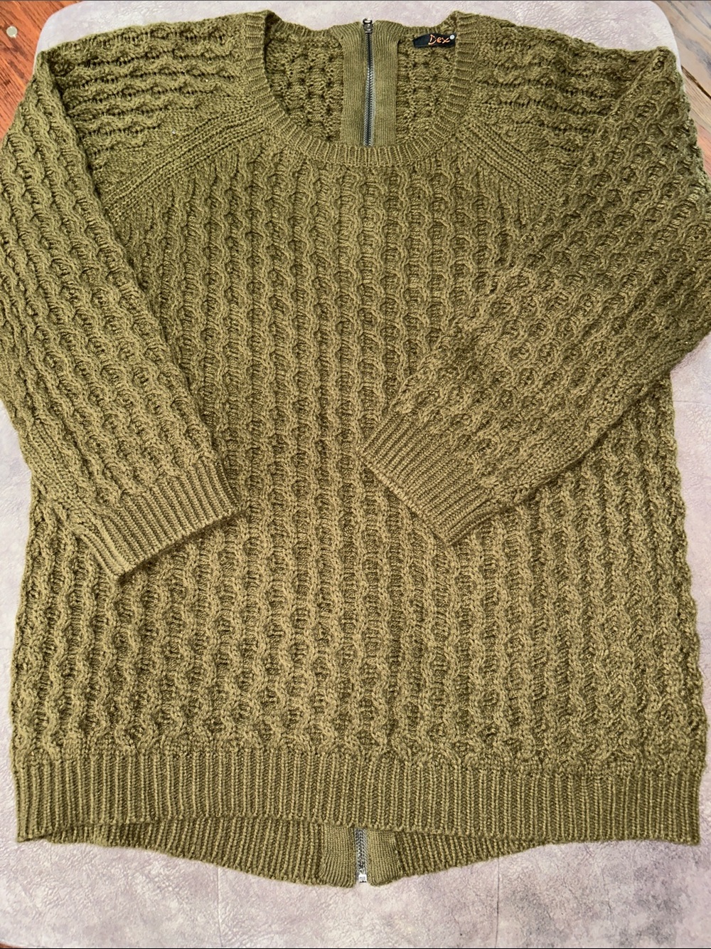 Dex Olive Cable Zip-Back Knit Sweater size Large